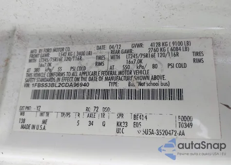 2012 Ford E-350 Super Duty Xlt z USA, uszkodzony, nr VIN 1FBSS3BL2CDA96940